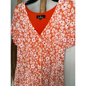 LuLus Womens Medium Magnolia Orange White Floral Mini Button Cinch Summer Dress